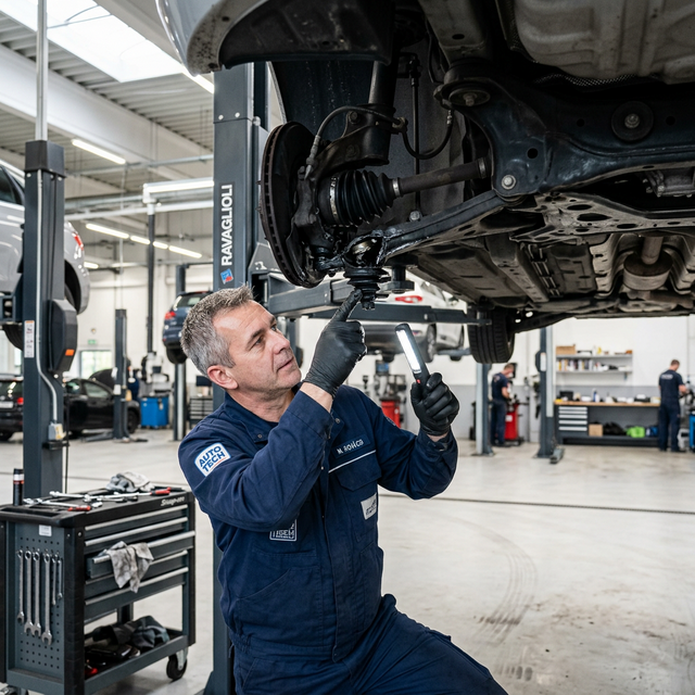Szerelő ellenőrzi a féltengely gumiharangot az autó alatt